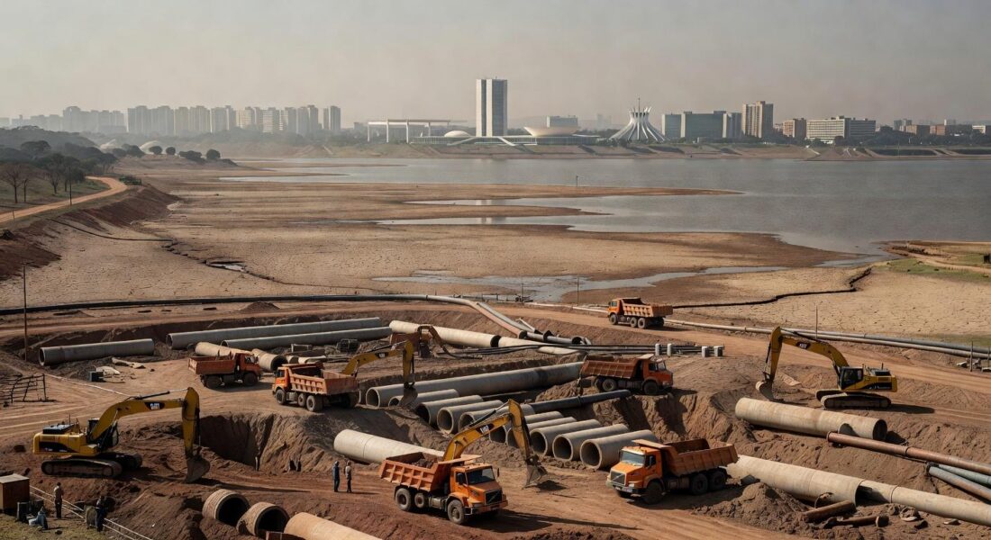 Obras hídricas deterioradas no DF, com tubulações rachadas e vazamentos, expondo falhas no planejamento de água.