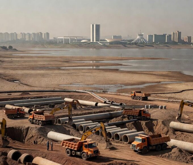 Obras hídricas deterioradas no DF, com tubulações rachadas e vazamentos, expondo falhas no planejamento de água.