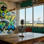 Microfone em centro comunitário de Brasília, representando projeto Turma do Flow para capacitação de jovens MCs vulneráveis no DF.