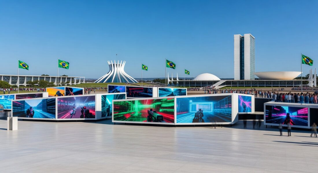 Pavilhão do TecnoGame 2026 em Brasília com estandes de inovação geek e tecnologia.