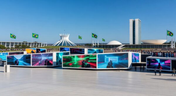 Pavilhão do TecnoGame 2026 em Brasília com estandes de inovação geek e tecnologia.