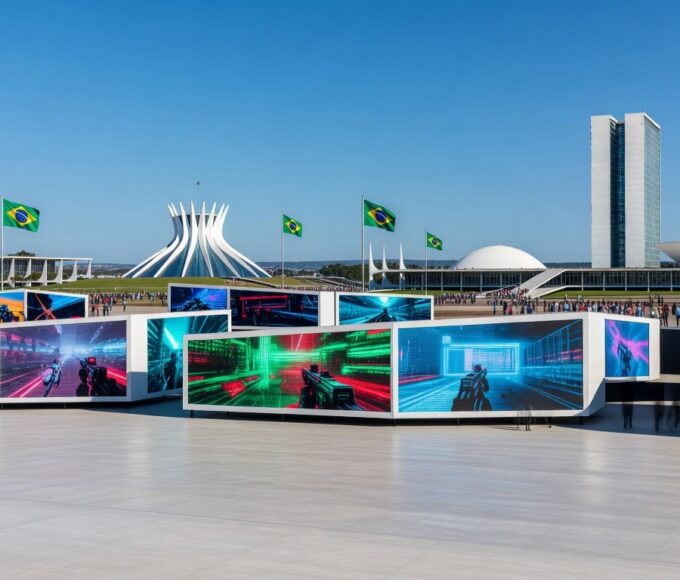 Pavilhão do TecnoGame 2026 em Brasília com estandes de inovação geek e tecnologia.