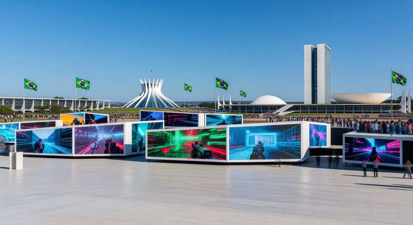 Pavilhão do TecnoGame 2026 em Brasília com estandes de inovação geek e tecnologia.