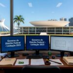 Edifício do Governo do DF com elementos de tecnologia e licitações em Brasília.
