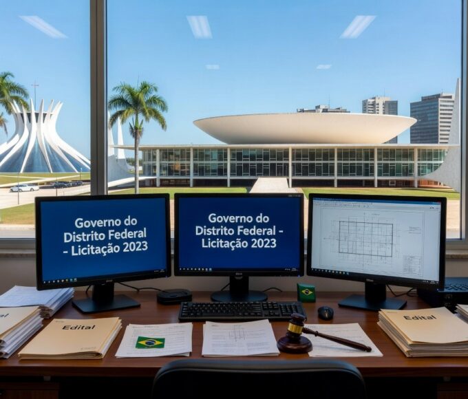 Edifício do Governo do DF com elementos de tecnologia e licitações em Brasília.