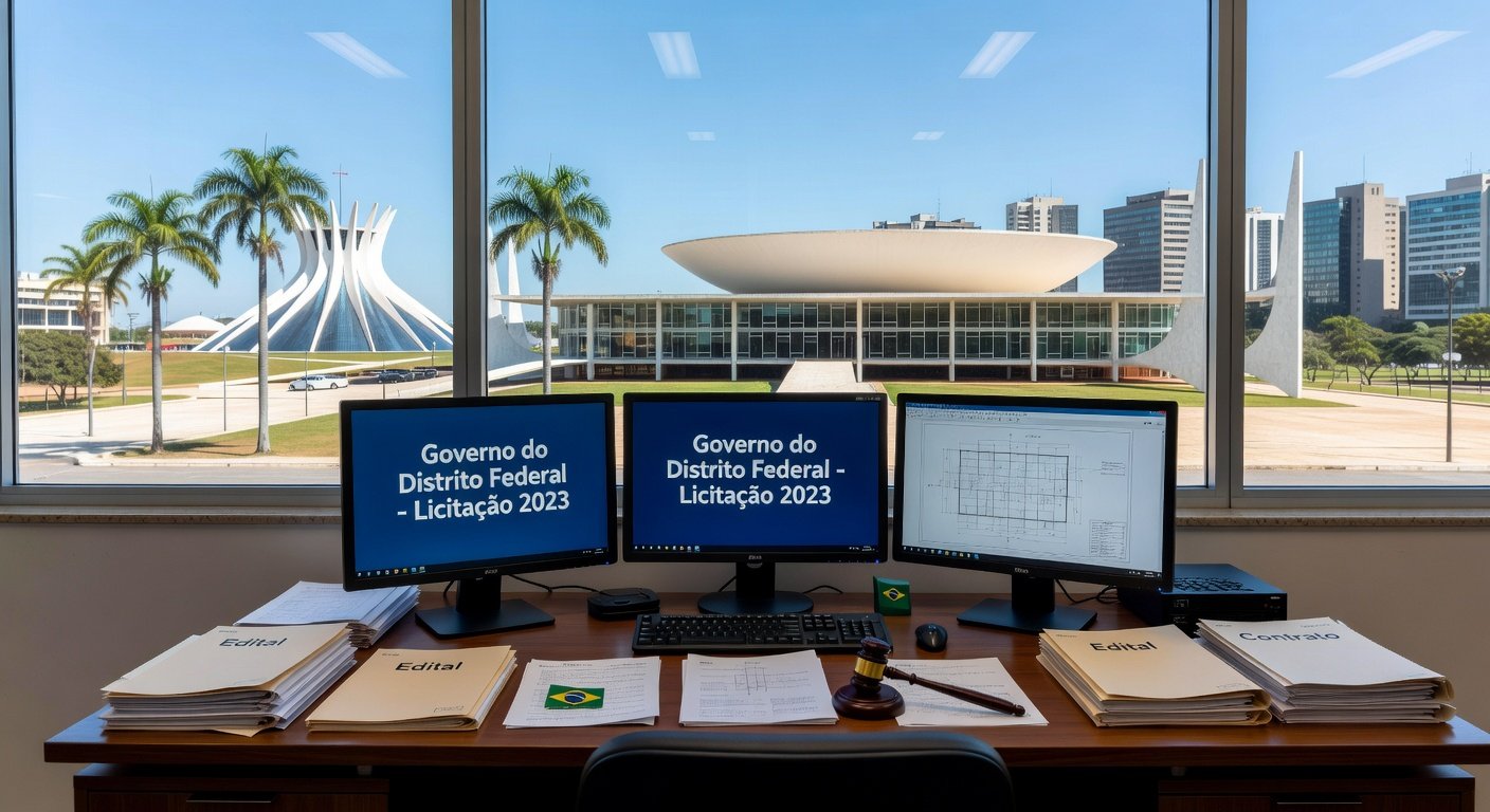 Edifício do Governo do DF com elementos de tecnologia e licitações em Brasília.