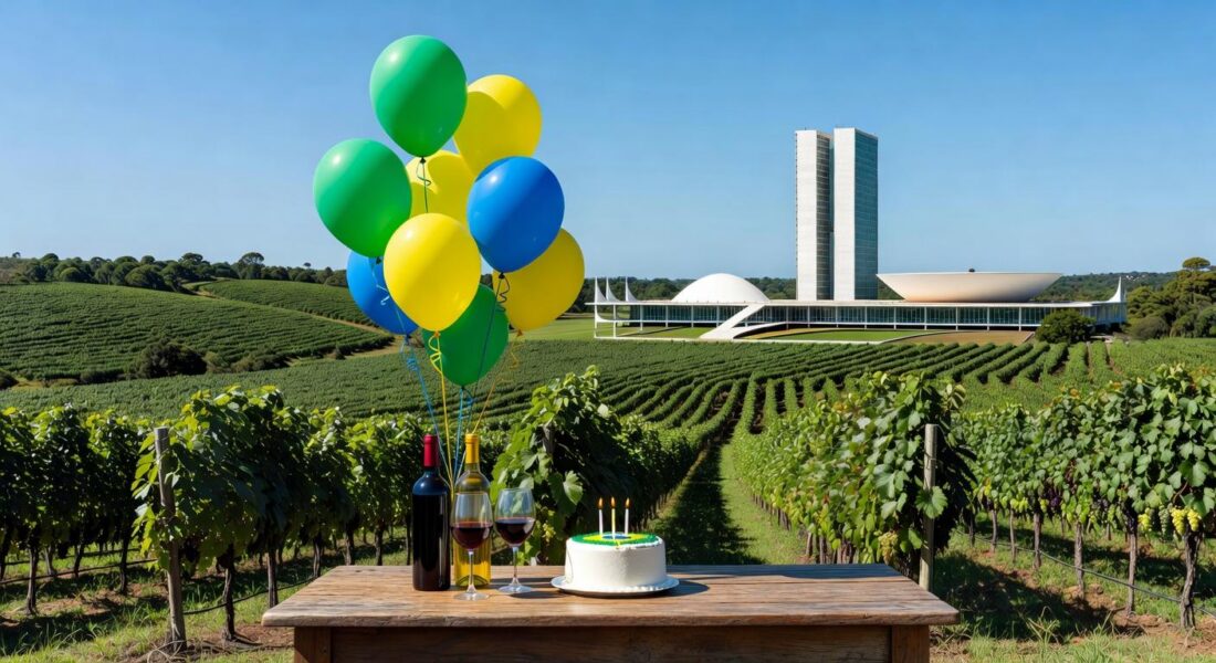 Vinhedos da Vinícola Brasília com vista para monumentos da capital, celebrando 2 anos com lançamentos exclusivos.