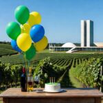 Vinhedos da Vinícola Brasília com vista para monumentos da capital, celebrando 2 anos com lançamentos exclusivos.