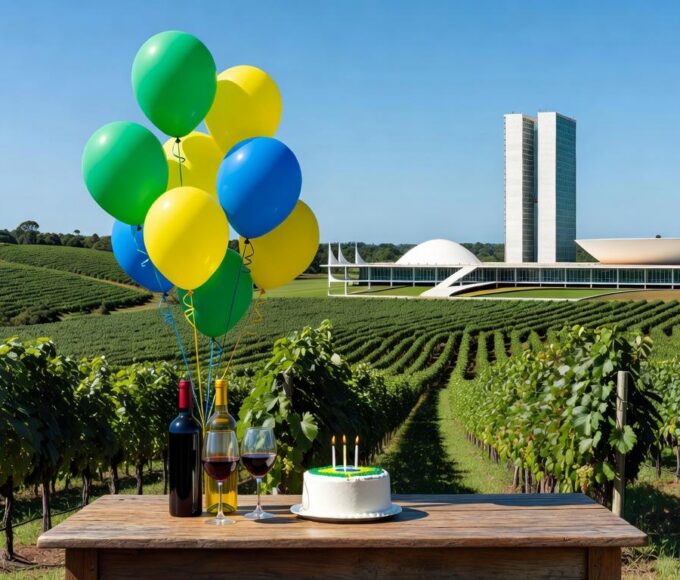 Vinhedos da Vinícola Brasília com vista para monumentos da capital, celebrando 2 anos com lançamentos exclusivos.