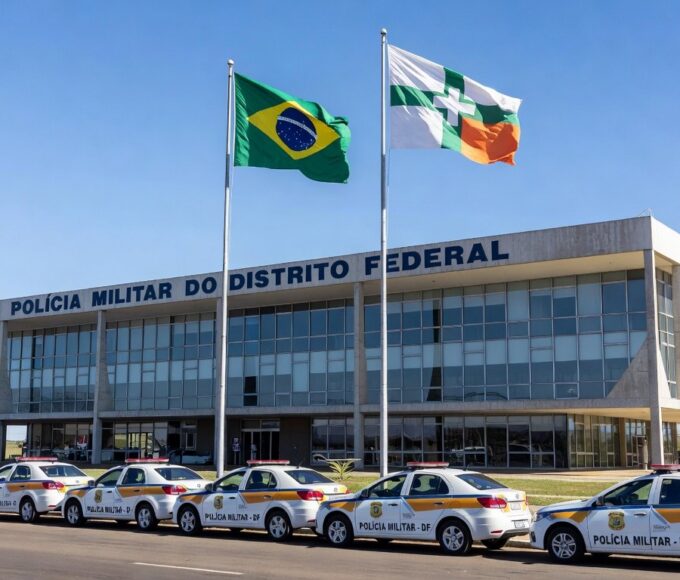 Viaturas da PMDF em frente ao Palácio do Buriti, representando decreto de promoção e fortalecimento da segurança no DF.