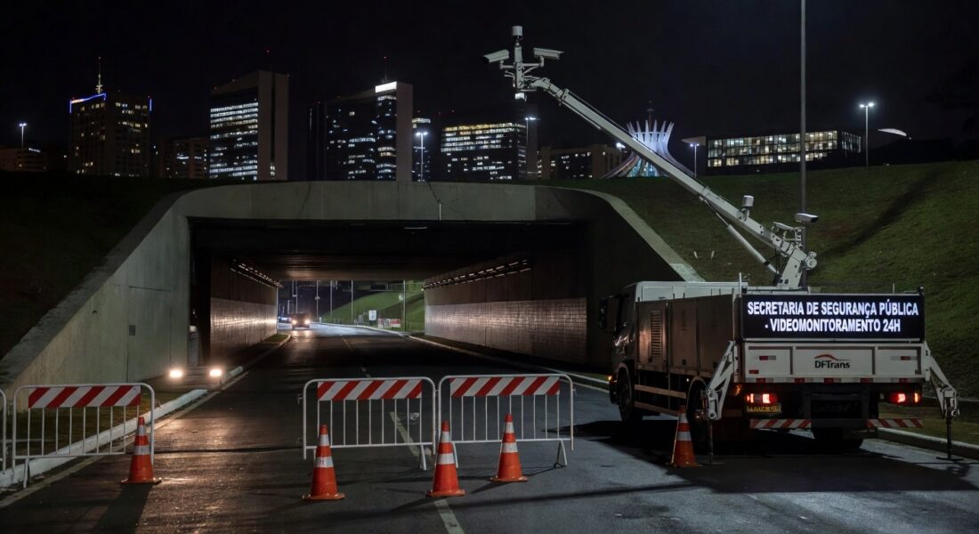 Túnel Buraco do Tatu em Brasília interditado à noite para manutenção de câmeras, com barreiras e cones.