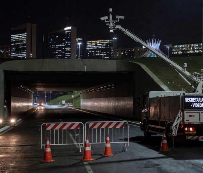 Túnel Buraco do Tatu em Brasília interditado à noite para manutenção de câmeras, com barreiras e cones.