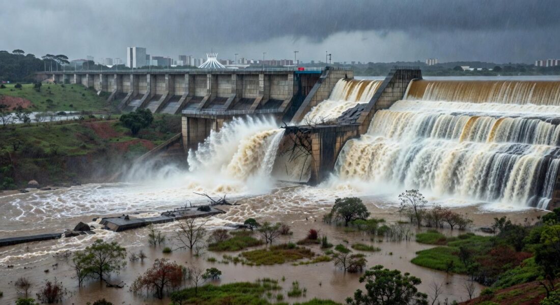 Barragem de Santa Maria transbordando no DF, com água fluindo e riscos de inundações evidentes.