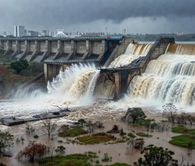 Barragem de Santa Maria transbordando no DF, com água fluindo e riscos de inundações evidentes.