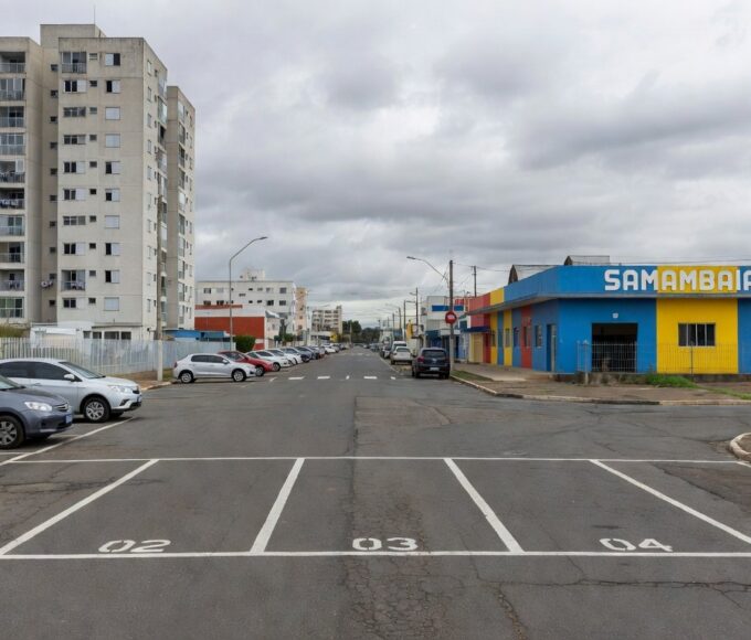 Cena de crime em vaga de estacionamento em rua de Samambaia, com fita policial e viaturas da PMDF.