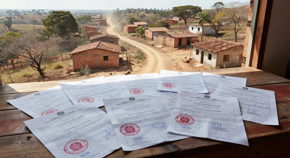 Documentos de regularização fundiária do GDF em mesa com paisagem de Planaltina ao fundo.