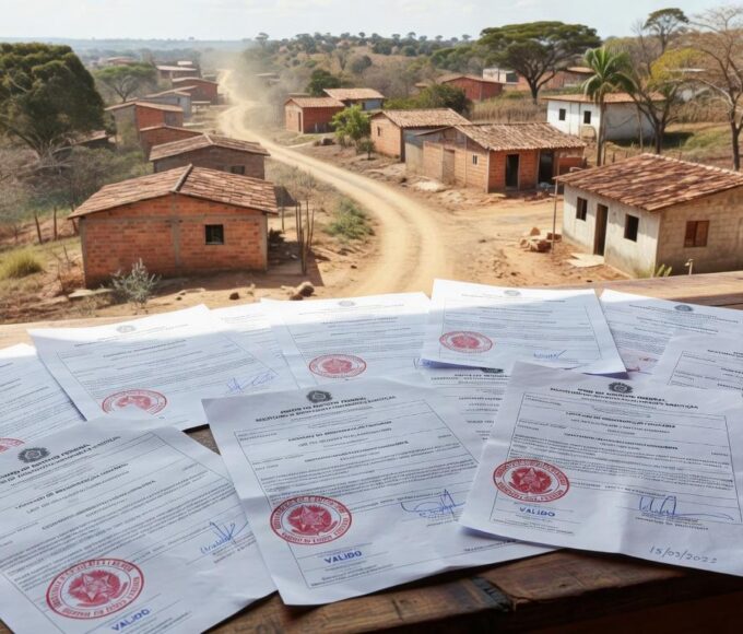 Documentos de regularização fundiária do GDF em mesa com paisagem de Planaltina ao fundo.