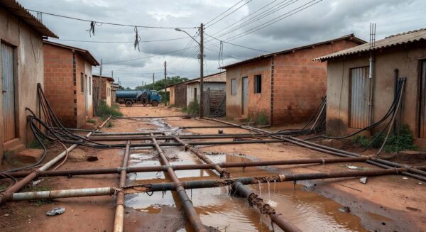 Ligações clandestinas de água em rua de Sucupira, com tubos expostos e poças no chão, destacando riscos apesar de ação do GDF.