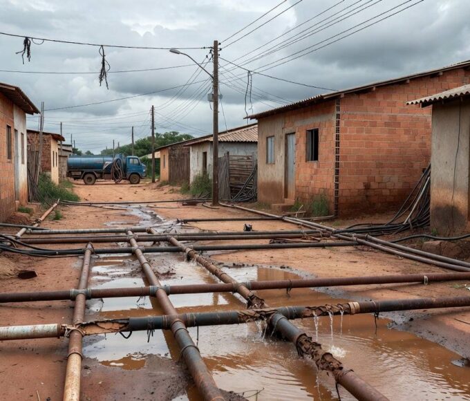 Ligações clandestinas de água em rua de Sucupira, com tubos expostos e poças no chão, destacando riscos apesar de ação do GDF.