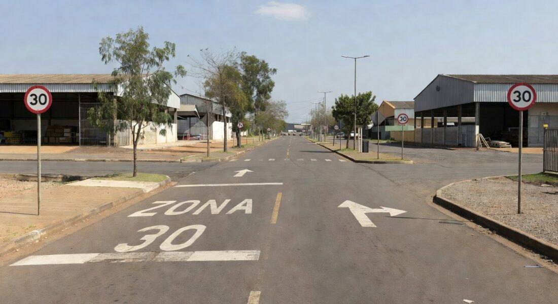 Rua industrial no Gama com sinalização de sentido único e Zona 30 do Detran-DF