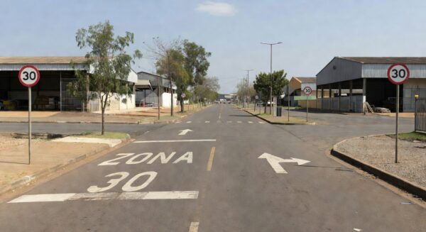 Rua industrial no Gama com sinalização de sentido único e Zona 30 do Detran-DF