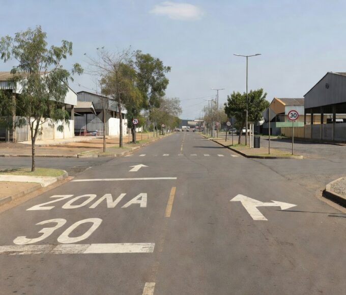 Rua industrial no Gama com sinalização de sentido único e Zona 30 do Detran-DF