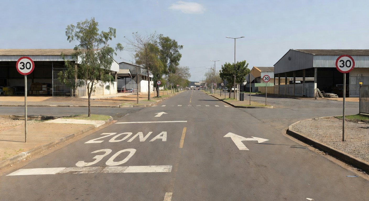 Rua industrial no Gama com sinalização de sentido único e Zona 30 do Detran-DF
