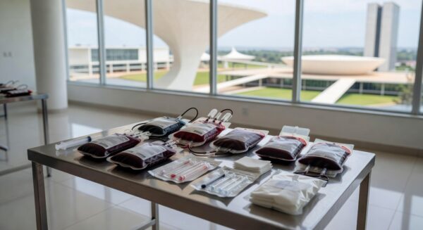 Centro de vacinação em Brasília com bolsas de sangue e vacinas, simbolizando prioridade para doadores aprovada pela Câmara do DF