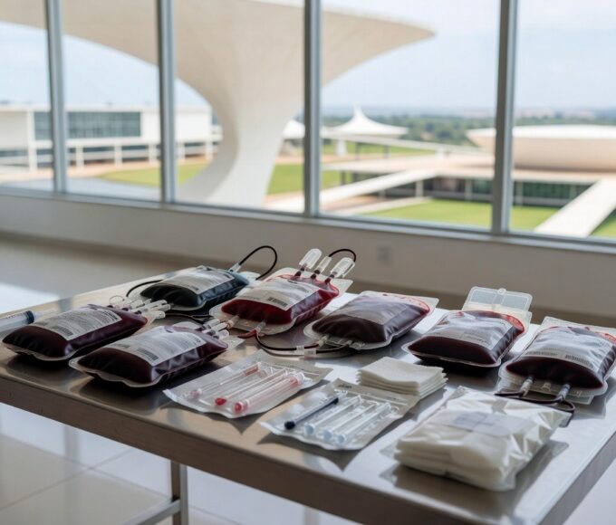 Centro de vacinação em Brasília com bolsas de sangue e vacinas, simbolizando prioridade para doadores aprovada pela Câmara do DF