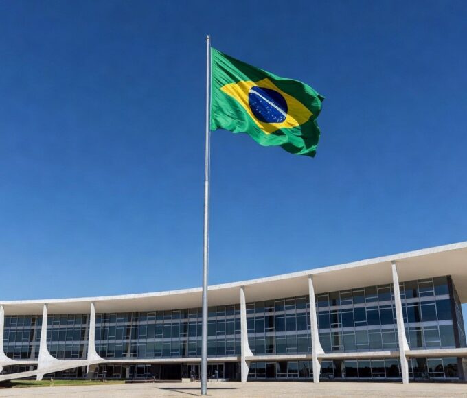 Edifício governamental em Brasília com bandeira do Brasil, simbolizando sanção do Dia dos Rolimistas no DF