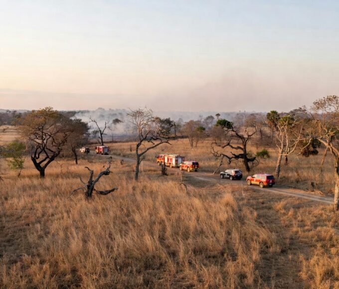 Paisagem do Cerrado com aceiros para prevenção de incêndios na Operação Verde Vivo