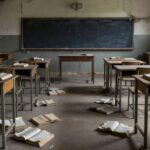 Escola pública brasileira com falhas estruturais ameaçando a educação de jovens e adultos