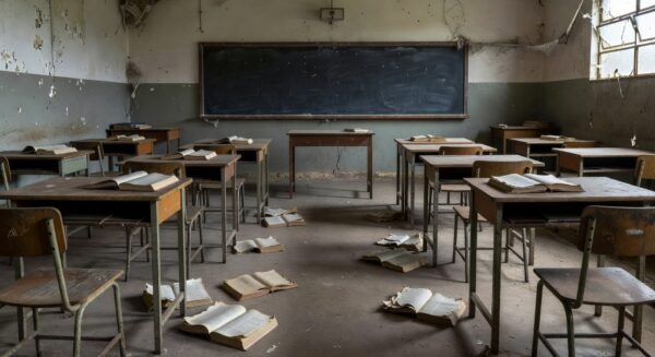 Escola pública brasileira com falhas estruturais ameaçando a educação de jovens e adultos