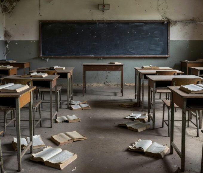 Escola pública brasileira com falhas estruturais ameaçando a educação de jovens e adultos