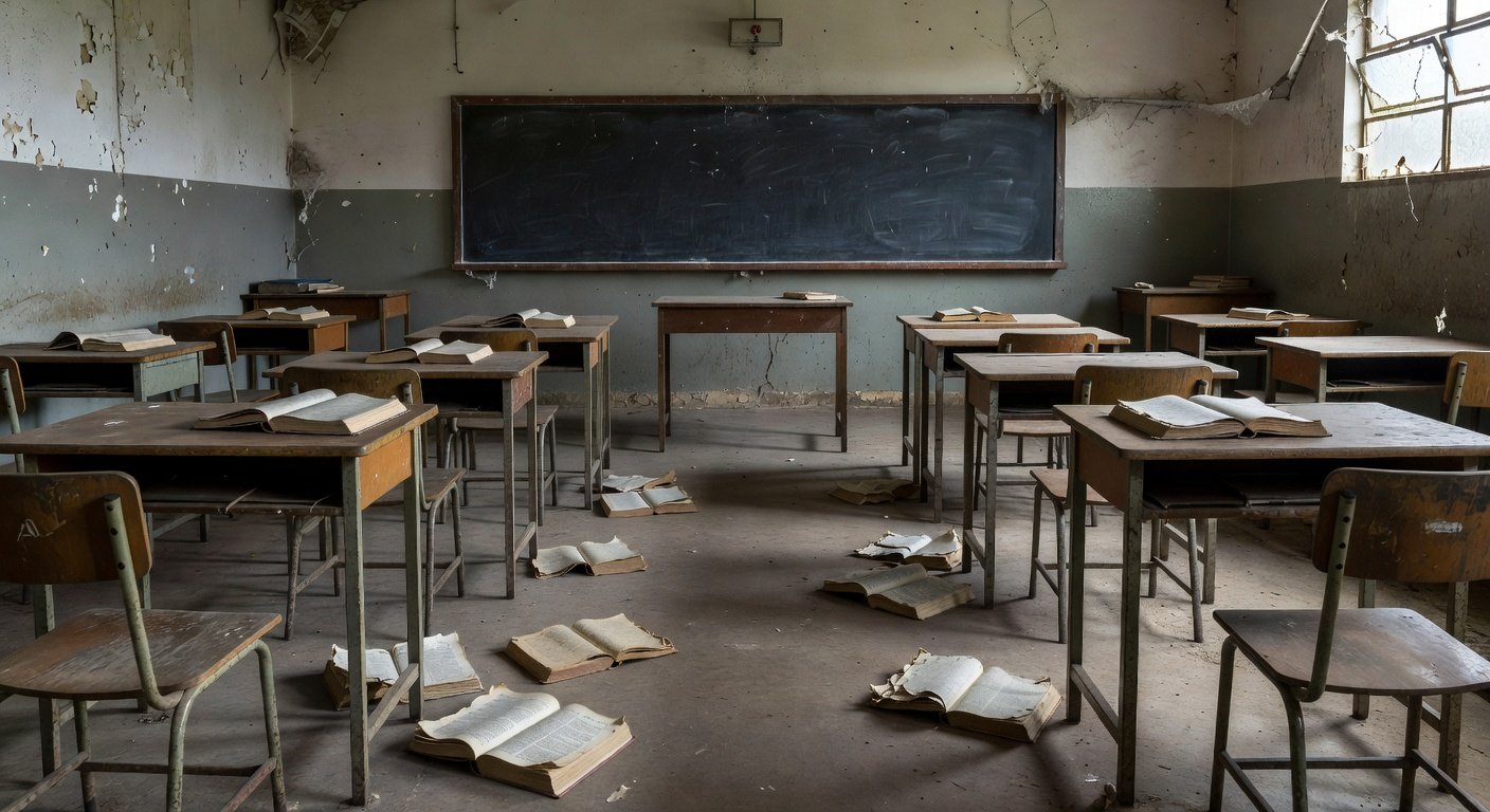 Escola pública brasileira com falhas estruturais ameaçando a educação de jovens e adultos