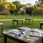 Parque da Cidade em Brasília com mesas e álbuns de figurinhas da Copa