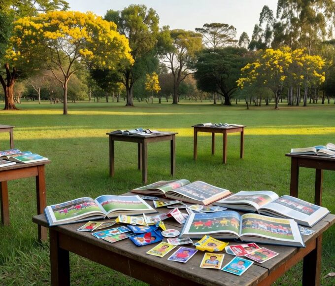 Parque da Cidade em Brasília com mesas e álbuns de figurinhas da Copa