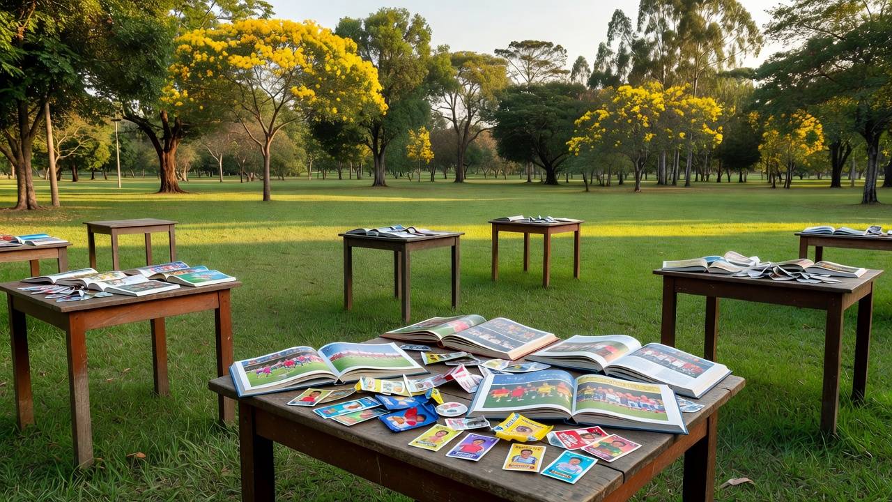 Parque da Cidade em Brasília com mesas e álbuns de figurinhas da Copa