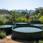 Tanques de aquicultura em área rural brasileira representando conferência de pesca