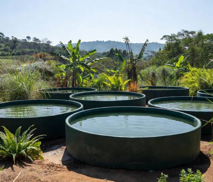 Tanques de aquicultura em área rural brasileira representando conferência de pesca