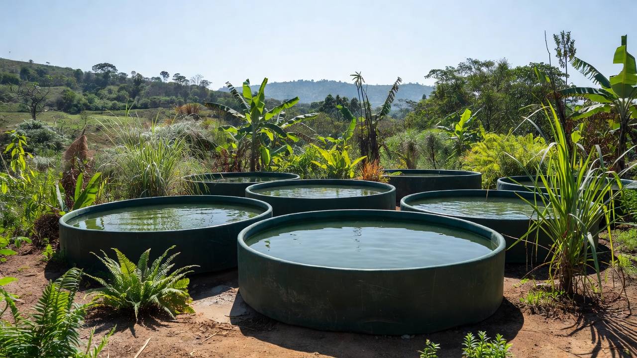 Tanques de aquicultura em área rural brasileira representando conferência de pesca
