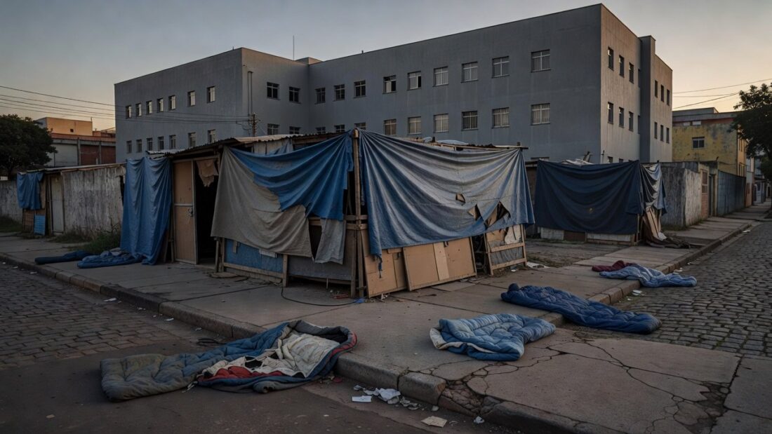Rua urbana brasileira com abrigos improvisados simbolizando crítica à internação compulsória de moradores de rua