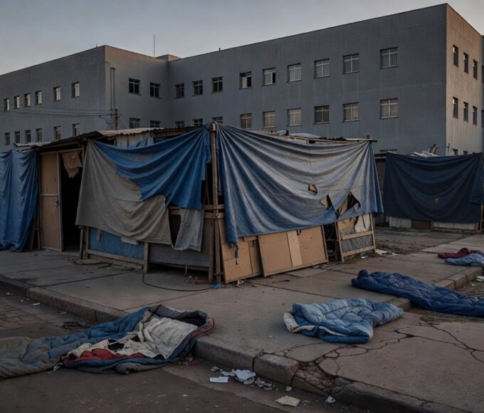 Rua urbana brasileira com abrigos improvisados simbolizando crítica à internação compulsória de moradores de rua