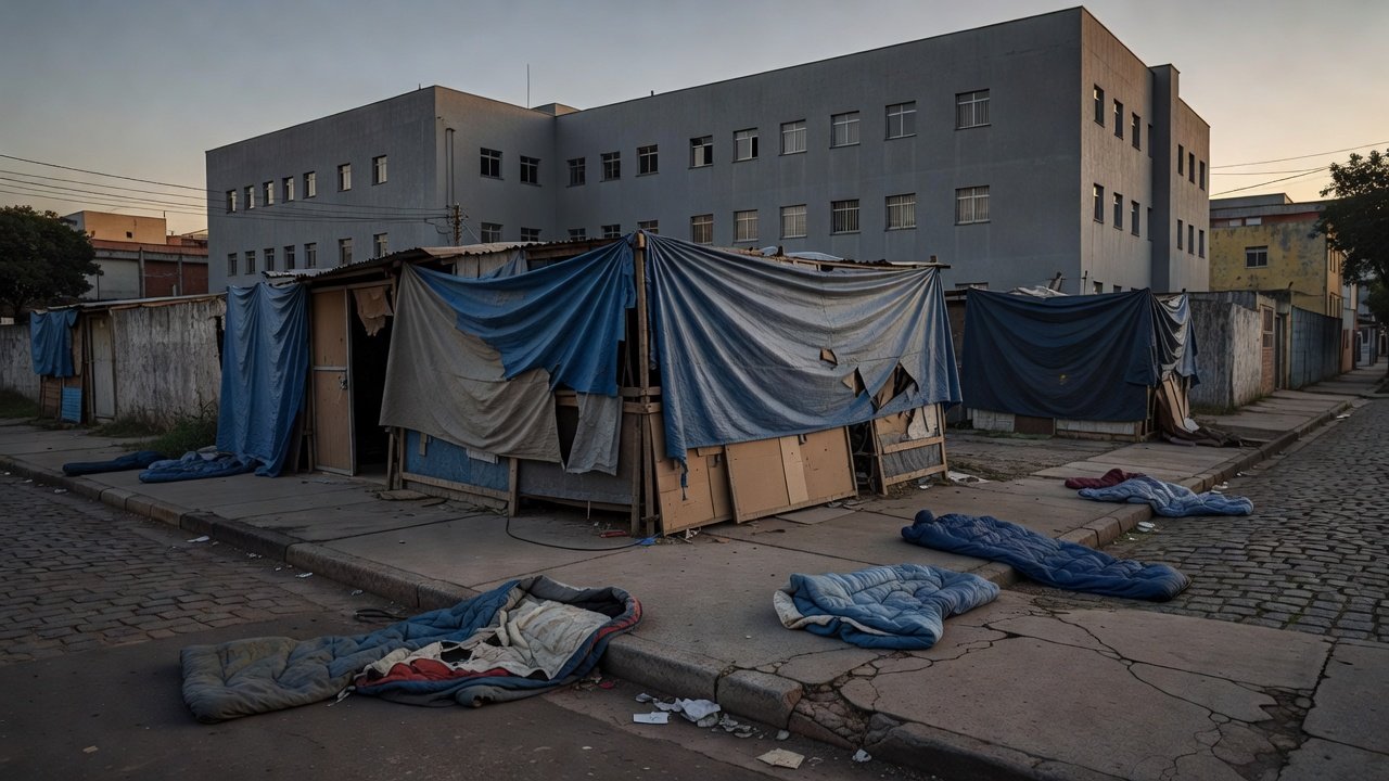 Rua urbana brasileira com abrigos improvisados simbolizando crítica à internação compulsória de moradores de rua
