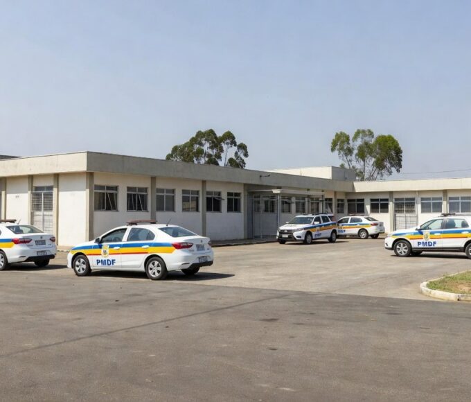 Fachada do 10º Batalhão da PMDF em Ceilândia com viaturas policiais