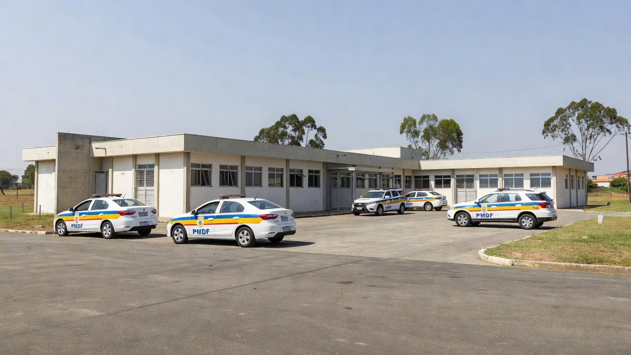 Fachada do 10º Batalhão da PMDF em Ceilândia com viaturas policiais