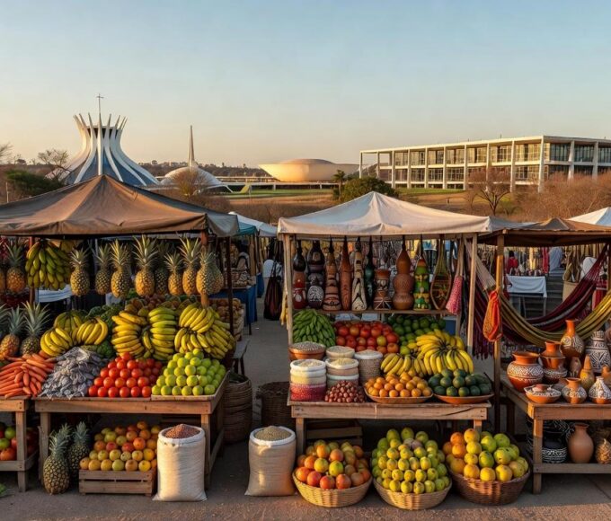 Feira do Trabalho e do Campo no Plano Piloto com produtos agrícolas e barracas.