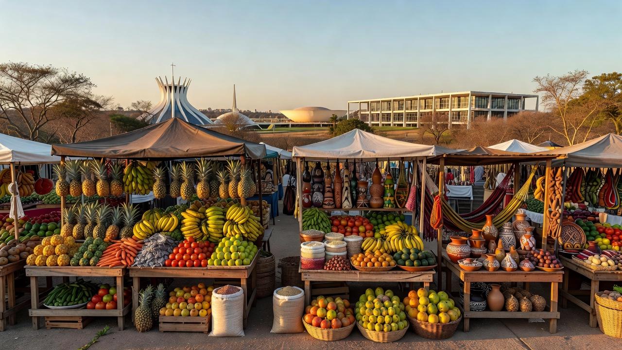 Feira do Trabalho e do Campo no Plano Piloto com produtos agrícolas e barracas.