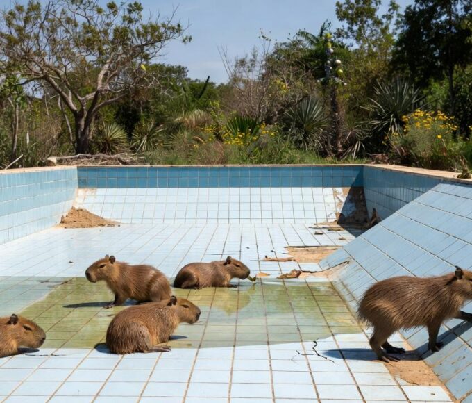 Filhotes de capivara em piscina vazia no Lago Norte, Brasília