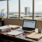 Escritório em Brasília com currículos e laptop exibindo vagas de emprego no DF